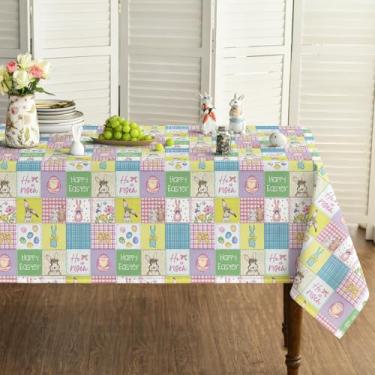 Imagem de Horaldaily Toalha de mesa retangular de Páscoa, 152 x 300 cm, coelho xadrez, ovo, anêmona, laço, colorido, lavável, sazonal, para decoração de festa, piquenique, jantar