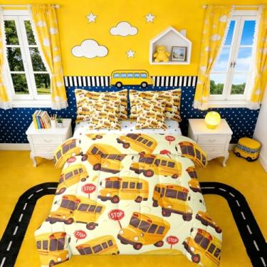Imagem de Erosebridal Conjunto de cama solteiro de ônibus escolar, 7 peças, para decoração de quarto de meninos, meninas, adolescentes, tema escolar, lençol com lençóis, veículo amarelo