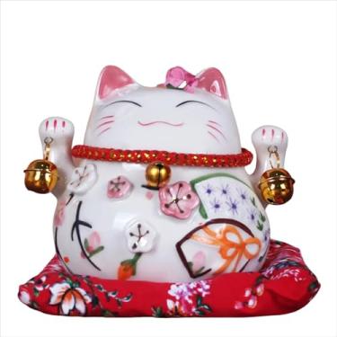 Imagem de FENNYYAR Ornamento de cerâmica Flowers Maneki Neko, 13 cm, estátua de gato da sorte de ano novo