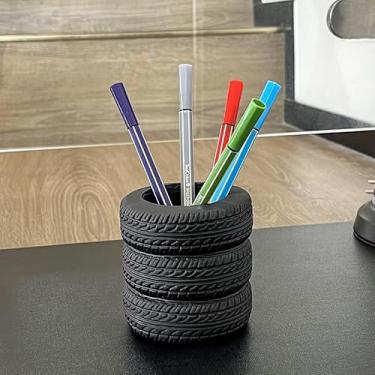 Imagem de Suporte criativo para caneta de pneu com design empilhado, organizador de mesa para armazenamento de maquiagem, lápis e acessórios, preto