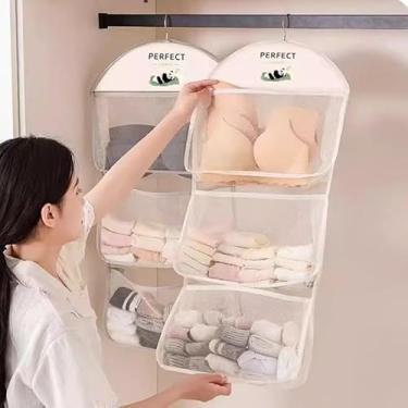 Imagem de Bolsa de armazenamento de tela multicamadas multiuso, armazenamento para pendurar com bolsos de malha de cabide de metal, para sutiã, roupa íntima, bolsos, bolsa de armazenamento para armário de porta