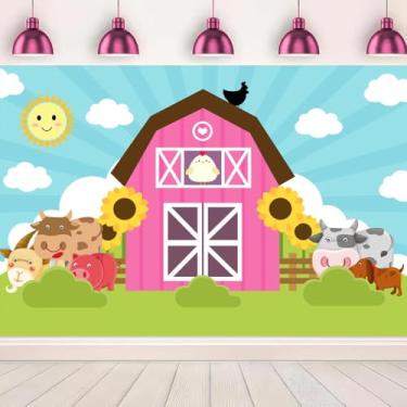 Imagem de YongFoto 2,1 x 1,5 m Fundo de fotografia de animais de fazenda rosa celeiro vaca ovelha galinha porco pastagem sol girassol desenho animado fundo para chá de bebê, festa de aniversário, decoração de