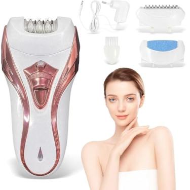 Imagem de Depilador Elétrico Rosa 3 em 1 para Mulheres, com Luz LED, Bateria Recarregável 1200mAh, Função Depilação, Barbear e Lixador de Calos, Kit Presente Ideal