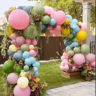 Imagem de Balão colorido arco duplo de látex azul amarelo verde rosa balão guirlanda de flores silvestres para primavera flor aniversário chá de bebê Páscoa jardim doces decoração festa