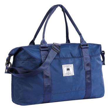 Imagem de Bolsa de viagem, bolsa esportiva à prova d'água para mulheres e homens, bolsa de ginástica esportiva com compartimento úmido, bolsa de bagagem noturna com manga de carrinho, Azul escuro, 32L
