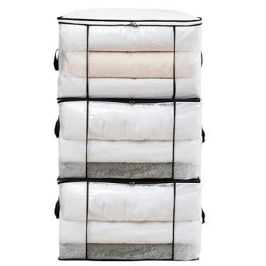Imagem de Maymooner Pacote com 3 sacos grandes de armazenamento de edredom de 80L, caixa organizadora de armário dobrável à prova de umidade com janela transparente para roupa de cama, cobertores, roupas