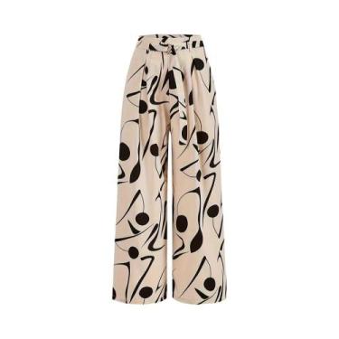 Imagem de Senhoras Abstrato Estampado Cinto Casual Calças Perna Larga Moda Loose