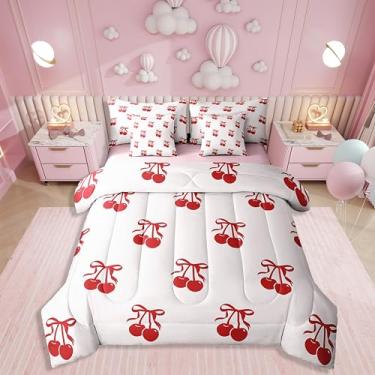 Imagem de Erosebridal Conjunto de edredom infantil de 7 peças com laço de cereja, estilo princesa sonhadora, para meninas e mulheres, conjunto de lençol com laço e laço geométrico, estampa geométrica