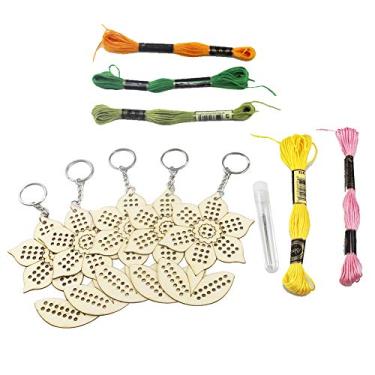 Imagem de 5 Peças Kit de Artesanato Girassol Madeira DIY com Fios Bordado Educacional - Habilidades Costura Ponto Decoração Residencial Acessório Chaveiro Mater