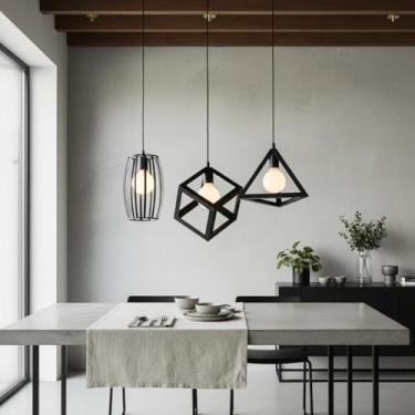 Imagem de Pendente Geométrico em Aço Preto, 3 Forma, Lâmpadas E27, Bivolt, Design Moderno, Iluminação para Sala de Jantar e Cozinha