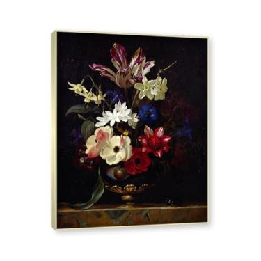 Imagem de NHLDZYH Moldura em champanhe. Flores clássicas ainda vida em tela retro buquê de flores pinturas estilo country decoração de parede para cozinha e sala de estar. C01. 80 x 105 cm.