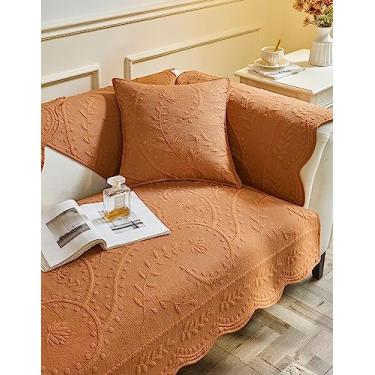 Imagem de vctops Capa de sofá acolchoada de algodão com folhas florais bordadas, capa de sofá antiderrapante para cães, gatos, crianças, poltrona reclinável em forma de L (laranja, 91 x 238 cm)