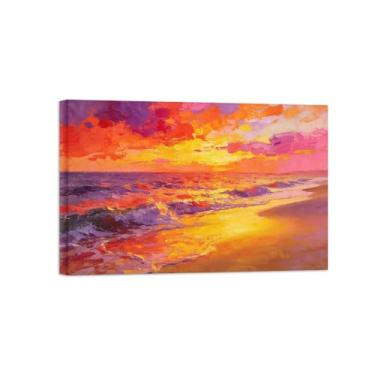 Imagem de BMZFYBS Impressão em tela de paisagem de arte de parede - Onda do mar praia pôr do sol - Pintura de decoração - Imagens para sala de estar pronta para pendurar tela embrulhada 20 x 30 cm 8 x 12 pol