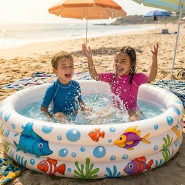 Imagem de Piscina Inflável Infantil Redonda 180L com 3 Anéis – Piscina para Bebê e Criança, Tema Fundo do Mar, Plástico Resistente, Ideal para Verão, Praia e Quintal (180Lts)