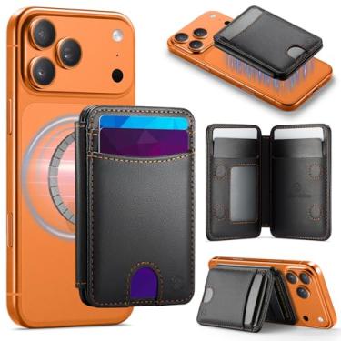 Imagem de Hongxinyu HXY Suporte magnético para cartão Magsafe, bloqueio RFID com suporte, 6 porta-cartões para capa de celular, carteira magnética de couro fino para iPhone 17/16/15/14/13/12 Pro/Max/Plus (preto