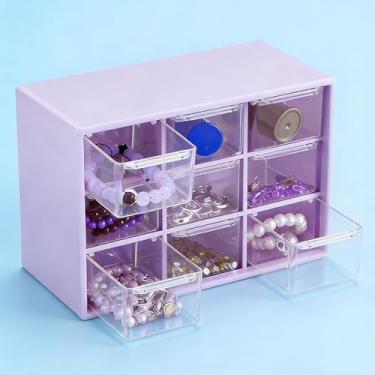 Imagem de Caixa organizadora de mesa com nove compartimentos caixa de armazenamento de gaveta de plástico para armazenamento, ferramentas, contas, cosméticos, escritório e artesanato, roxo