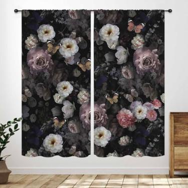 Imagem de Cortinas florais pretas, flores rústicas góticas, folhas de peônia rosa, planta boho, vintage, tratamentos de janela, cortinas para quarto, sala de estar, cozinha, banheiro, 2 painéis, 106 x 113 cm