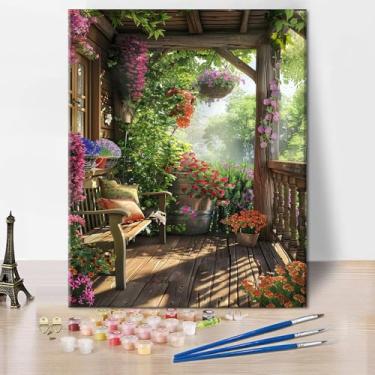 Imagem de TUMOVO Kit de pintura de flores por números para adultos, pintura a óleo de floresta de fantasia para decoração de parede de casa, pintura acrílica de plantas floridas por números kits em tela