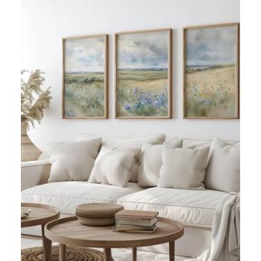 Imagem de 3 peças de arte de parede de paisagem de flores silvestres azuis grandes vintage primavera impressão pintura em tela arte para sala de estar decoração de casa com moldura interna