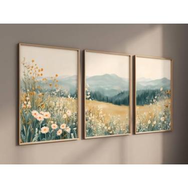 Imagem de 3 peças de arte de parede de paisagem de flores silvestres de margaridas de montanha grande impressão de pintura em tela para sala de estar decoração de casa com moldura interna