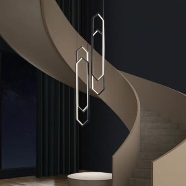Imagem de Lustre moderno de LED para escada, modelo grande, em formato de losango, em alumínio, com intensidade de luz ajustável e controle remoto, ideal para tetos altos em quartos e salas de jantar.