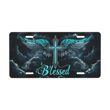 Imagem de Cruz ornamentada com asas e placa de licença abençoada decorativa. Placa de metal para carro. Etiqueta de vaidade. Placa de carro de alumínio Noverlty impermeável Colorfast 30 × 15 cm