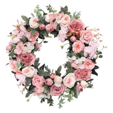 Imagem de Vaveren Guirlanda artificial decorativa para parede, ideal para porta de entrada, com 45 cm de diâmetro, para salas de estar, janelas e quartos, Rosa