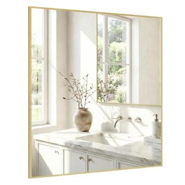 Imagem de Pocetry Espelho de parede dourado grande de 91 cm x 91 cm, espelho de banheiro com moldura de metal, espelho quadrado grande sobre a pia, decoração de sala de estar de luxo, montagem embutida