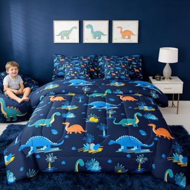 Imagem de Feelyou Jogo de cama solteiro de dinossauro fofo com lençol para crianças, meninos, meninas, dinossauro, azul marinho, 7 peças, selva, coqueiro, palmeira, cama, para decoração de quarto, microfibra