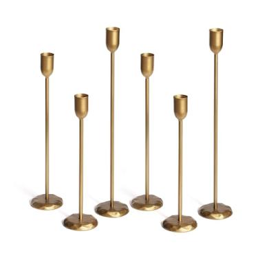 Imagem de Perfnique Conjunto de 6 castiçais de latão - castiçais de ferro dourado antigo para Natal, aniversário, casamento, festa, mesa de jantar, decoração de cornija de lareira (ouro)