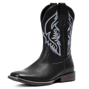 Imagem de IUV Botas de caubói masculinas, bico quadrado, bota ocidental, durável, retrô, clássica, bordada, sem fecho, bota antiderrapante, Preto fosco, 14
