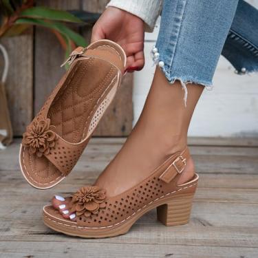 Imagem de Sandálias femininas de salto grosso de bloco baixo flores confortáveis bico aberto tira traseira vestido de festa sapatos de salto com fivela de tiras, Marrom, 35