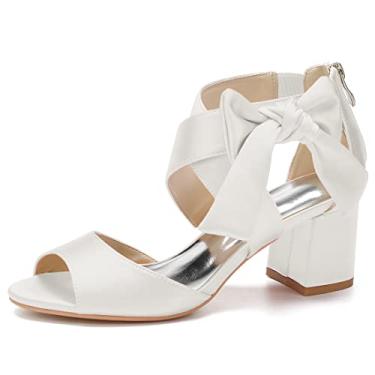 Imagem de Creativesugar Sandálias femininas de salto grosso de cetim com laço macio, Marfim, 37