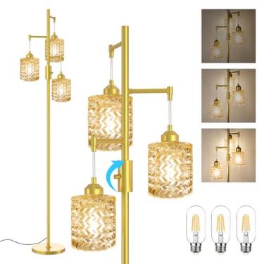 Imagem de lumenfox Candeeiro de chão dourado para sala de estar, quarto, luminária vintage de 3 luzes, vitral, luzes de piso altas modernas de meados do século, sombra de vidro âmbar com base dourada
