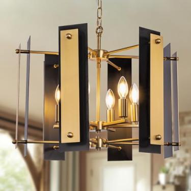 Imagem de TOCHIC Lustre preto e dourado, 6 luzes de fazenda pingente geométrico lustre industrial de metal para sala de jantar corredor entrada cozinha ilha quarto foyer bar, 59,9 cm