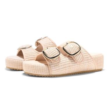 Imagem de Coutgo Sandálias femininas plataforma ráfia, alpargatas, duas faixas, bico aberto, sem cadarço, sapatos de férias na praia, Bege, 39
