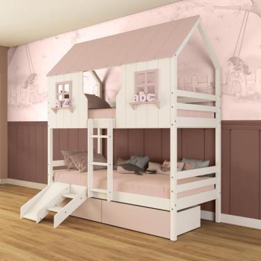 Imagem de Beliche Casinha Encantada Com 02 Gavetas Kit Escada/ Escorregador Madeira Maciça Branco/ Rosa Megamobilia