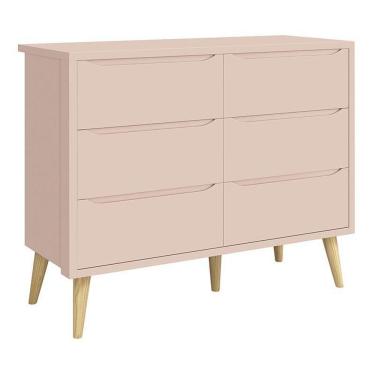 Imagem de Cômoda Infantil Theo 6 Gavetas Rosa Fosco Com Pés Madeira Natural Reller Móveis Rosa Fosco