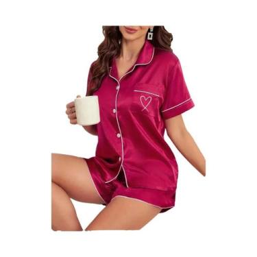 Imagem de Conjunto De Pijamas Femininos Com Bordado De Coração, Camisa De Manga 