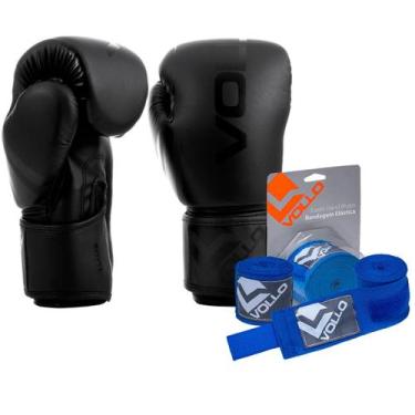 Imagem de Kit Boxe Muay Thai Luva 10oz Preta + Bandagem 3M Azul Vollo - Vollo Sp