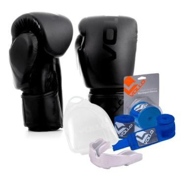 Imagem de Kit Boxe Muay Thai Luva 14Oz Preto + Protetor Bucal + Bandagem Azul - 