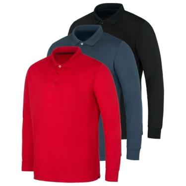 Imagem de Real Essentials Pacote com 3 camisetas polo masculinas de manga comprida e ajuste seco...