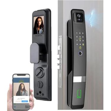 Imagem de Fechadura de porta inteligente, face 3D + fechadura de reconhecimento de impressão digital, 6 maneiras de desbloquear, chave + cartão IC + carregamento de emergência USB, aplicativo Tuya/Sma