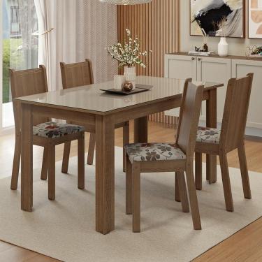 Imagem de Conjunto Sala de Jantar Avelã Mesa Tampo de Vidro 4 Cadeiras Rustic/Crema/Floral Hibiscos Madesa