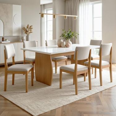 Imagem de Conjunto Sala de Jantar 6 Lugares Retangular Maxi Tampo Vidro Mdf Mesa e Cadeiras Carol Cinamomo/Off White/Palha