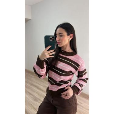 Imagem de Blusa Feminina Básica Listrada Tricot Inverno Cor:Rosa Bebe/MarromTama