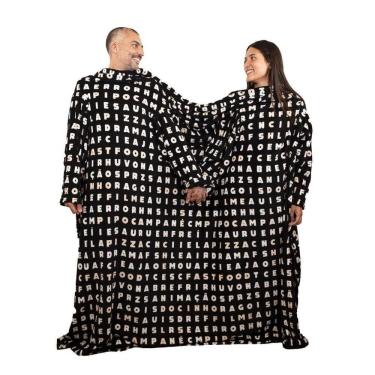 Imagem de Manta com Mangas Manta Casal Preta com Manga Caça Palavras Casal 100% Poliéster Macia Preto