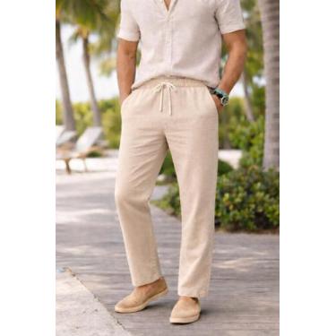 Imagem de Calça Linho Leve Bege Masculina Praia Cordão Ajustável Premium Alta Qu