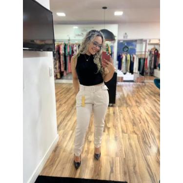 Imagem de Calça Esportiva, Brim, Bege, Cintura Média, Bolsos, Cinto, Botão Forra