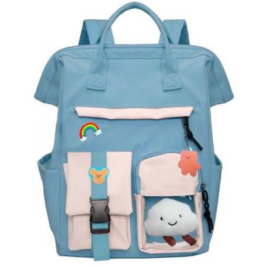 Imagem de Mochila Feminina Escolar Colorida Moderna C/ Mimo Chaveiro Nuvem Moder